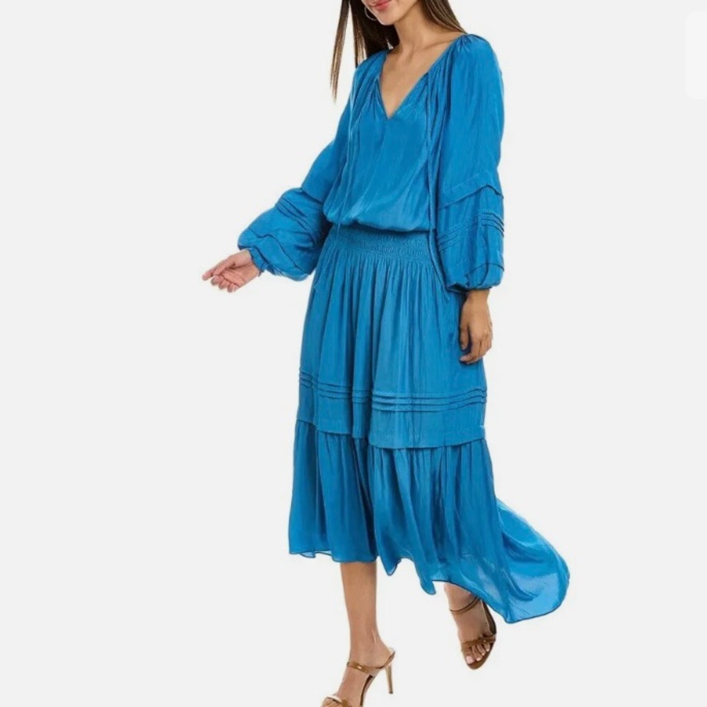 sz.S Ramy Brook Hi Lo Silky Long Sleeve V Neck Tie Smocked Dress